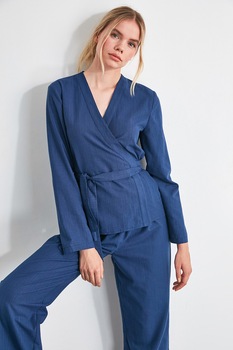 Trendyol - Памучна пижама със застъпен дизайн, Тъмносин