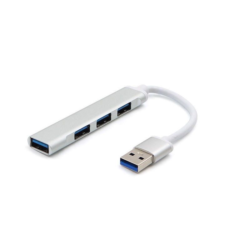 Hub USB cu 4 porturi USB, Plug & Play, 3 x USB 2.0, 1 x USB 3.0, Argintiu, YULMI