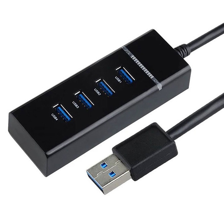 Hub USB 3.0 cu 4 porturi USB Plug & Play, Negru, YULMI