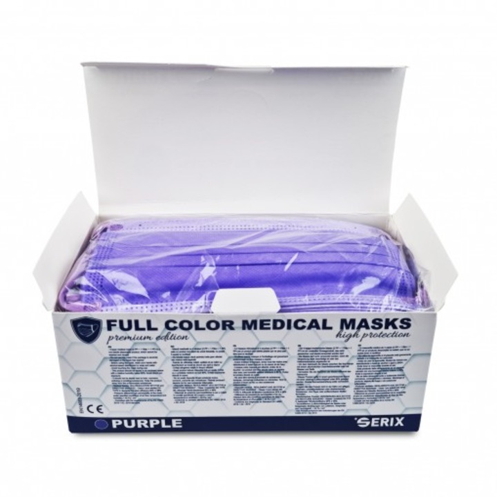 Комплект от 50 броя медицински маски 4 слоя SERIX Premium пълноцветно лилаво