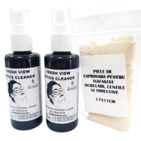 Kit Curatare Ochelari, Lentile Si Obiective Solutie de Curatare Diverse Arome 2buc x50ml si Piele De Caprioara 17X17cm