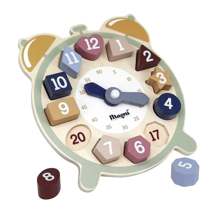 Magni Danish Toys óra puzzle, fából készült, tanuld meg az időt, különböző formákkal és színekkel