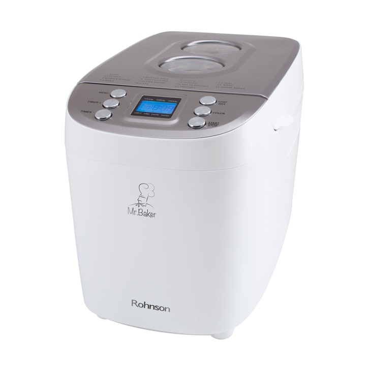 Masina de paine Rohnson R2098 Mr. Baker, 850W, 15 programe automate, 2 carlige framantare, capac cu 2 ferestre, afisaj LED, 1000-1250-1500g, keep warm 60`, 3 grade de coacere crusta, coacere gluten free, alarma sonora, pornire intarziata 15h