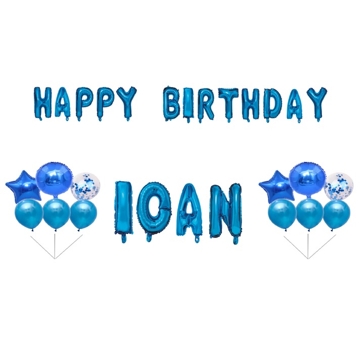 Комплект балони Happy Birthday Ioan, топер за торта, син, 35 бр