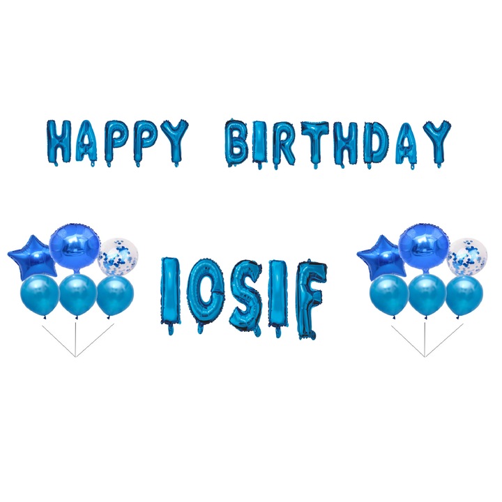 Boldog születésnapot Iosif lufi szett, tortafeltét, kék, 35 db