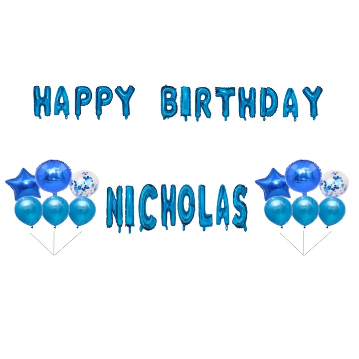 OEM Happy Birthday Nicholas Születésnapi lufi készlet, tortadísz, 35 db, kék