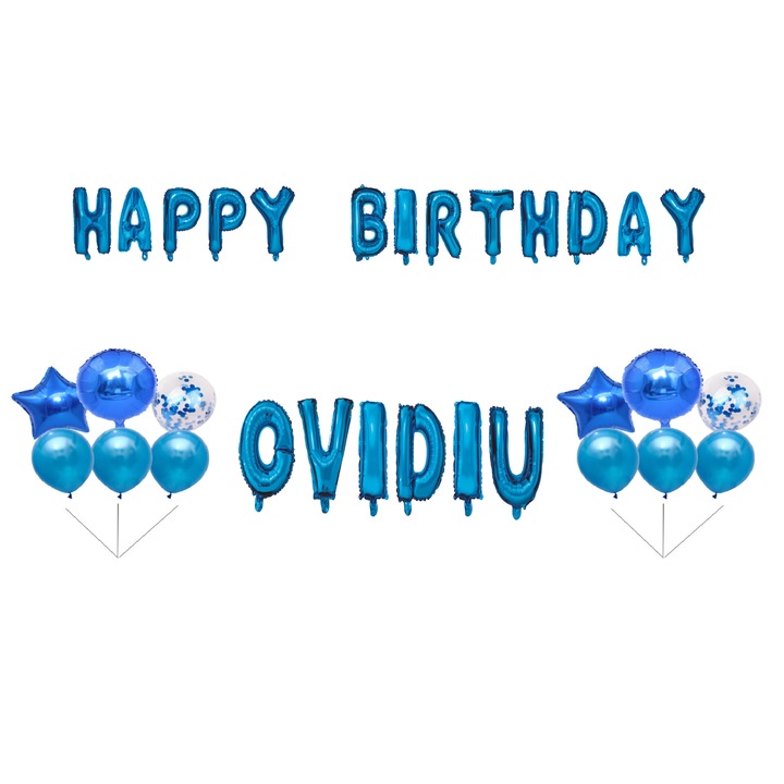 Boldog születésnapot Ovidiu lufi szett, tortafeltét, kék, 35 db