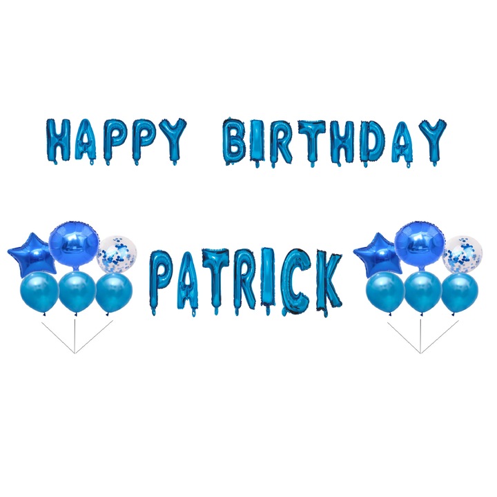 Boldog születésnapot Patrick lufi szett, tortafeltét, kék, 35 db
