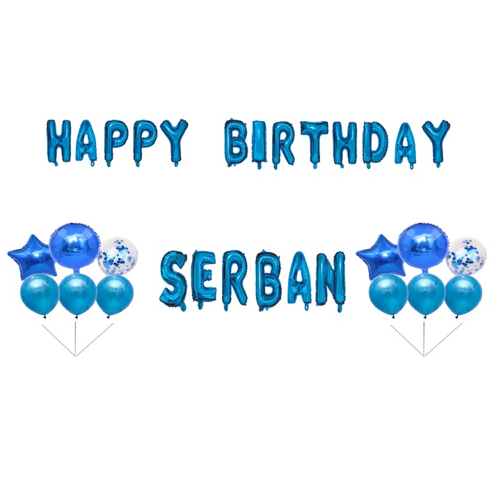 Szerb Boldog születésnapot lufi szett, tortafeltét, kék, 35 db
