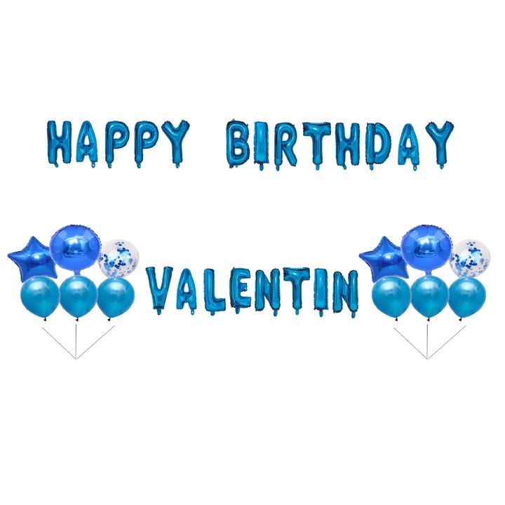 Комплект балони Happy Birthday Valentine, топер за торта, син, 35 бр