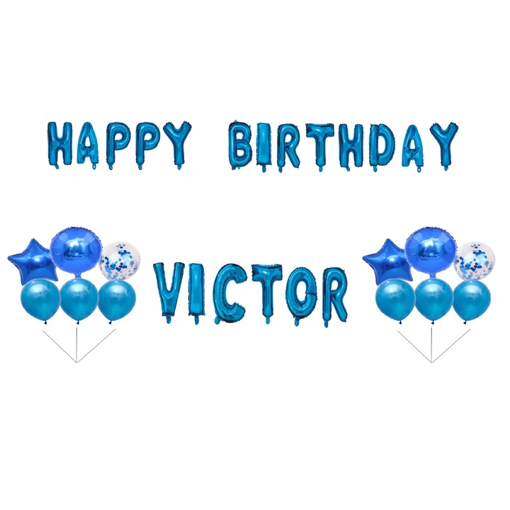 Boldog születésnapot Victor lufi szett, tortafeltét, kék, 35 db