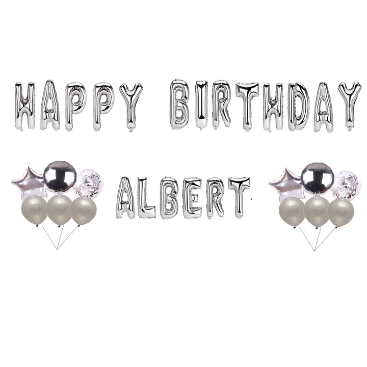 Boldog születésnapot Albert, lufi készlet, tortafeltét, ezüst, 35 db