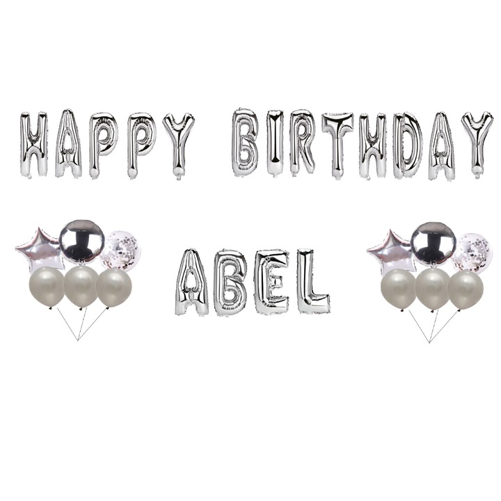 Boldog születésnapot Abel lufi készlet, tortafeltét, ezüst, 35 db