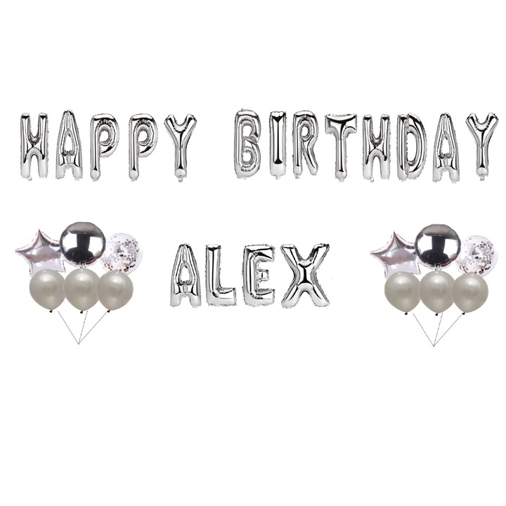 Boldog születésnapot Alex lufi szett, tortadísszel, ezüst, 35 db