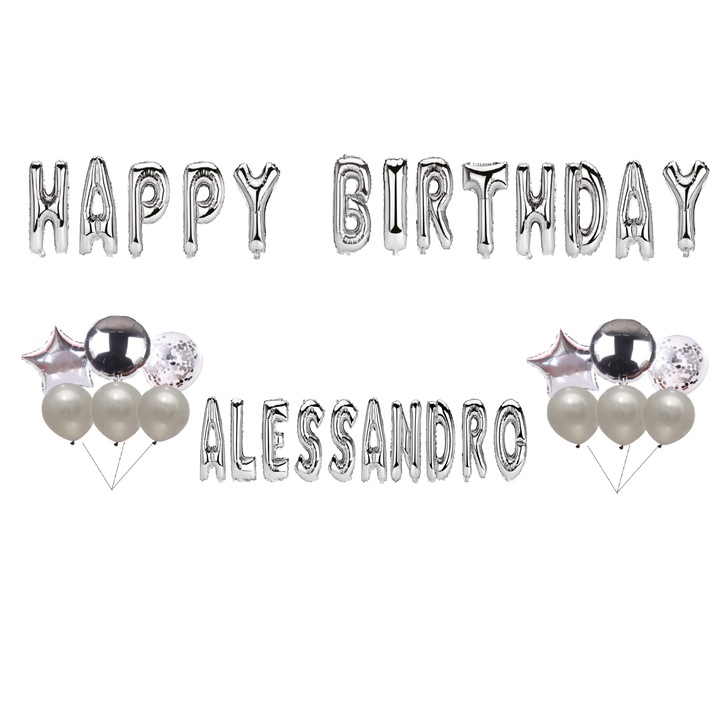 Boldog születésnapot Alessandro lufi készlet, tortafeltét, ezüst, 35 db