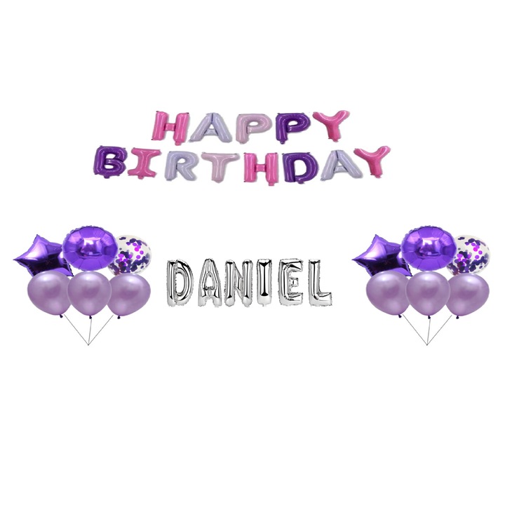 Комплект балони Happy Birthday Daniel, топер за торта, многоцветен и сребрист, 35 бр