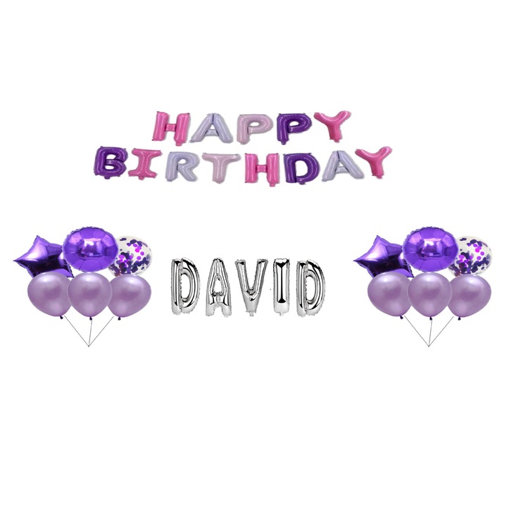 Комплект балони Happy Birthday David Balloon, топер за торта, многоцветен и сребрист, 35 бр
