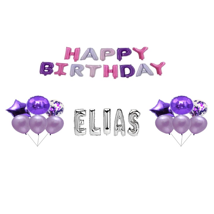 Boldog születésnapot Elias lufi készlet, tortafeltét, többszínű és ezüst, 35 db