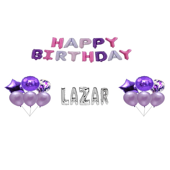 Boldog születésnapot Lazar lufi készlet, tortafeltét, többszínű és ezüst, 35 db