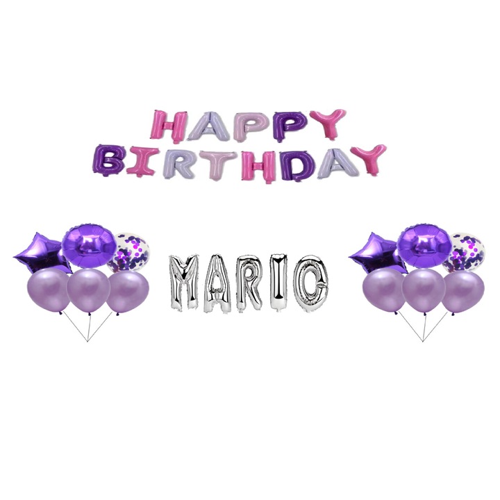 Комплект балони Happy Birthday Mario, топер за торта, многоцветен и сребрист, 35 бр.