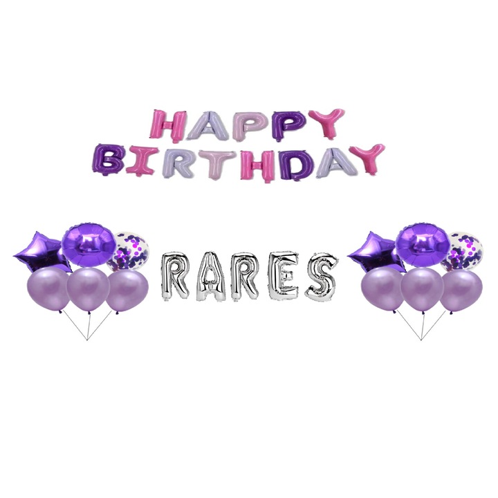 Happy Birthday Rares lufi készlet, tortafeltét, többszínű és ezüst, 35 db