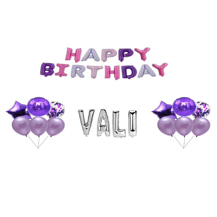 Happy Birthday Vali lufi szett, tortafeltét, többszínű és ezüst, 35 db