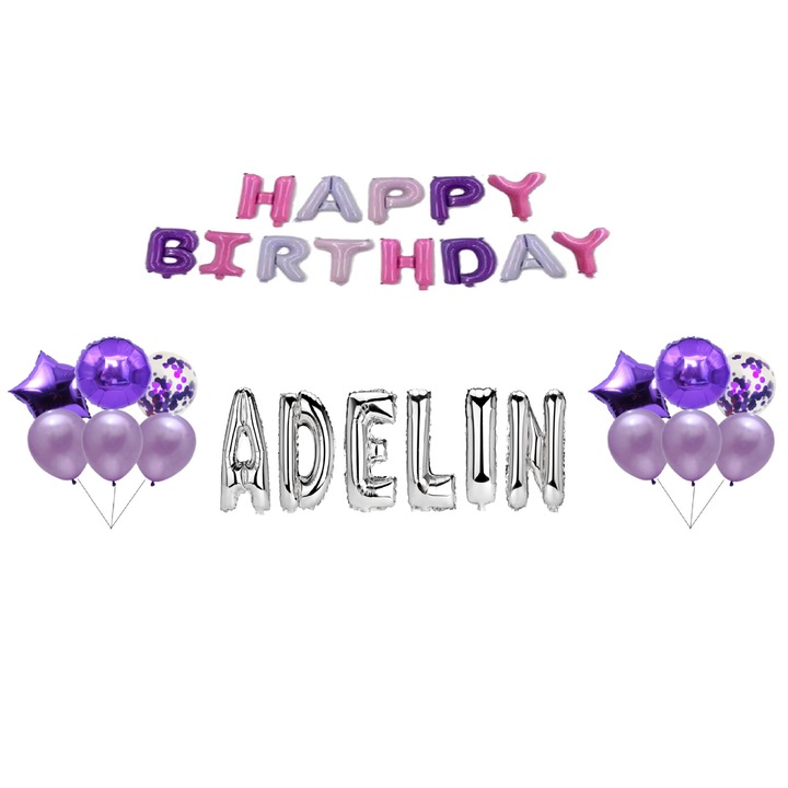 Boldog születésnapot Adelin lufi szett, tortafeltét, többszínű és ezüst, 35 db