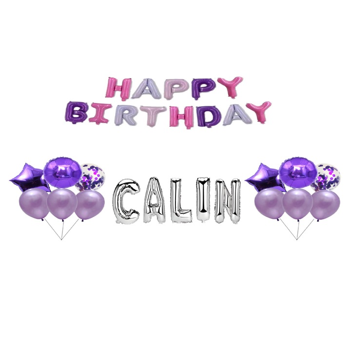 Комплект балони Happy Birthday Calin, топер за торта, многоцветен и сребрист, 35 бр