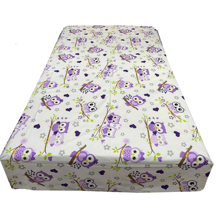 Cearceaf ranforce mov/alb, pentru copii 210x240cm pentru pat mediu, pentru saltea intre 140-160 cm, "Poveste cu bufnite" din bumbac ranforce, by Liz Line - CR210211