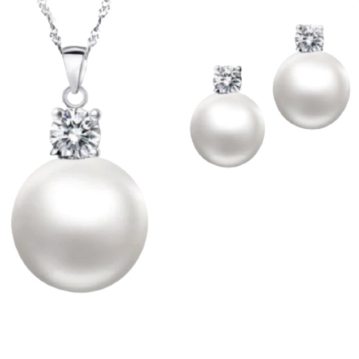 Комплект бижута с бели перли, CRM, верижка с висулка и обеци, сребро, 45 см