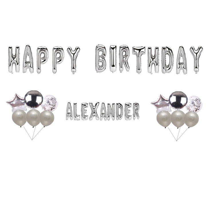 Boldog születésnapot Alexander lufi készlet, tortafeltét, ezüst, 35 db