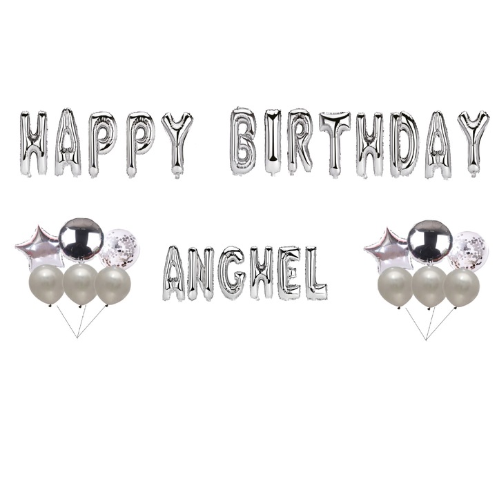 Angyal Boldog születésnapot lufi szett, tortafeltét, ezüst, 35 db