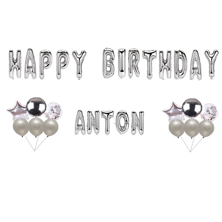 Boldog születésnapot Anton lufi szett, tortafeltét, ezüst, 35 db