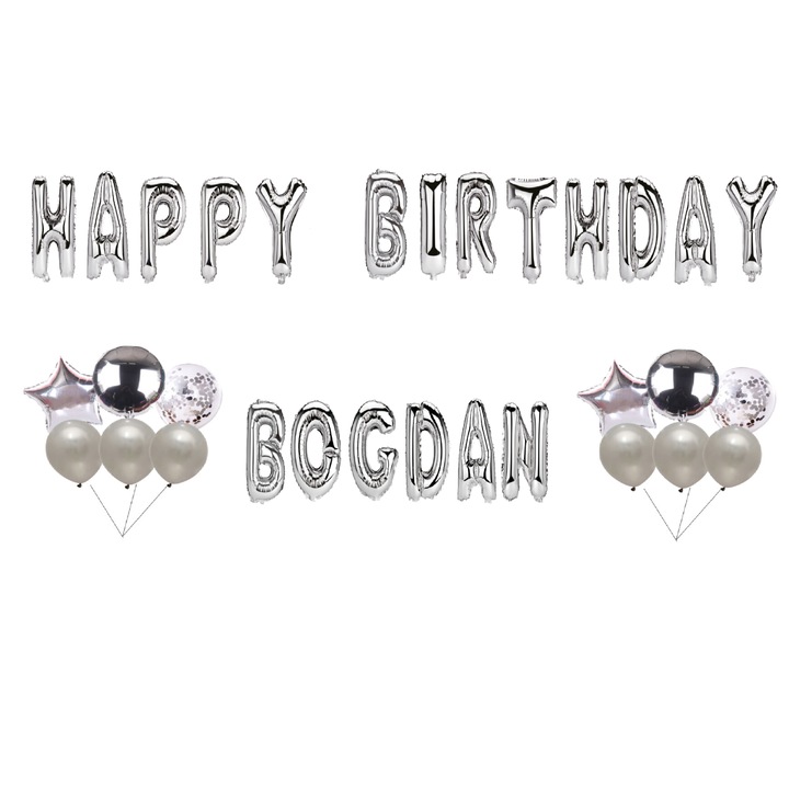 Boldog születésnapot Bogdan lufi készlet, tortafeltét, ezüst, 35 db