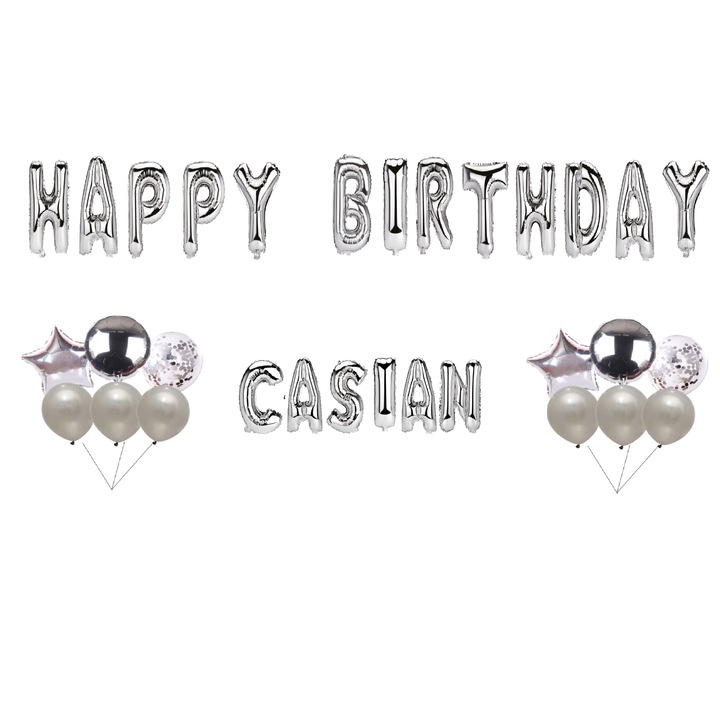 Boldog születésnapot Casian lufi készlet, tortafeltét, ezüst, 35 db