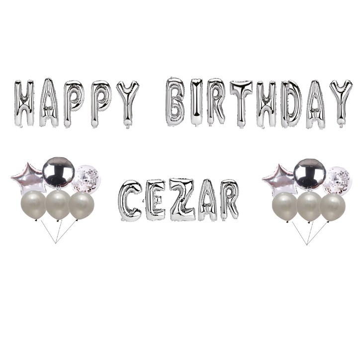 Boldog születésnapot Cezar lufi készlet, tortafeltét, ezüst, 35 db