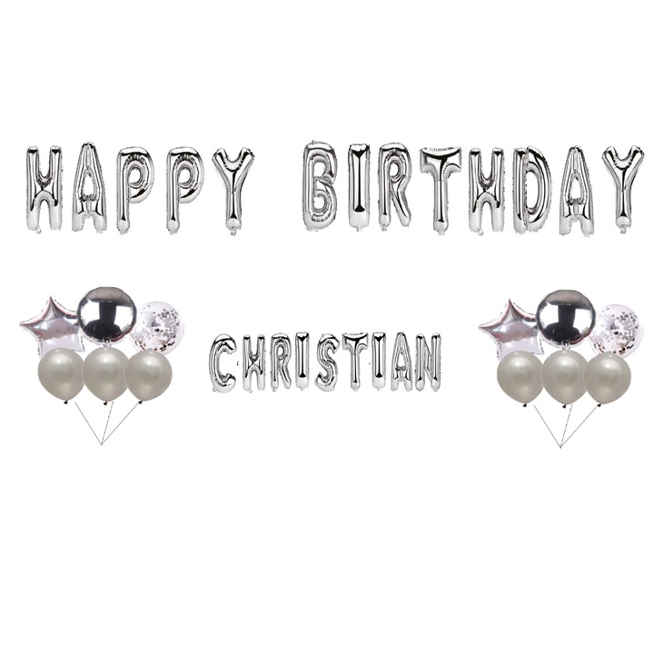 Boldog születésnapot keresztény lufi készlet, tortafeltét, ezüst, 35 db