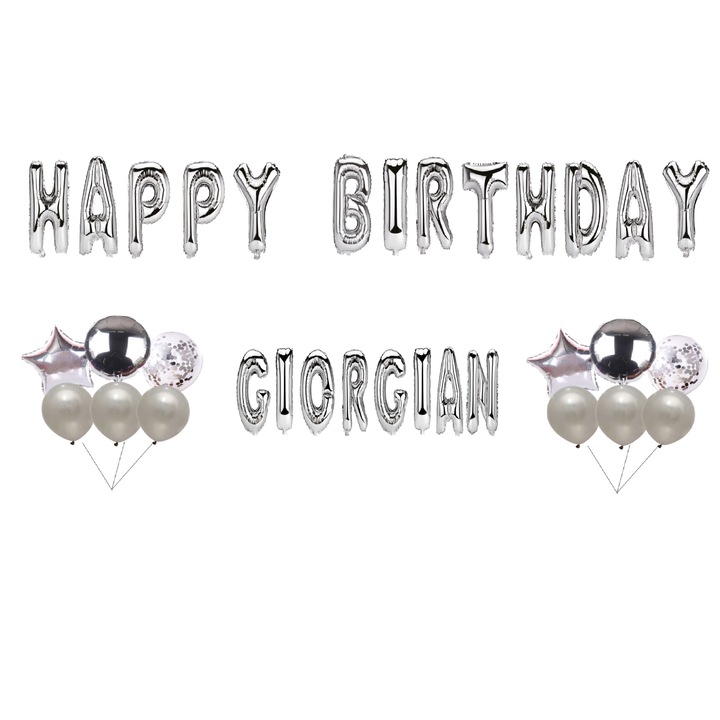 Boldog születésnapot Georgian lufi készlet, tortafeltét, ezüst, 35 db
