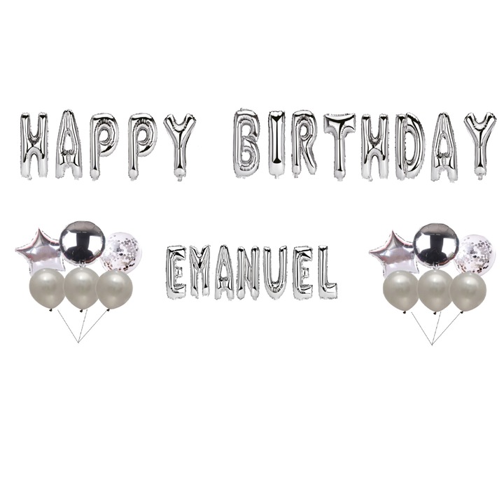 Emanuel Boldog születésnapot lufi szett, torta topper, ezüst, 35 db