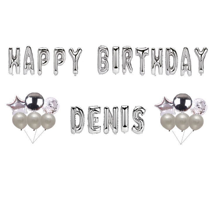 Set Baloane Happy Birthday Denis , Cake topper , Argintiu ,35Buc