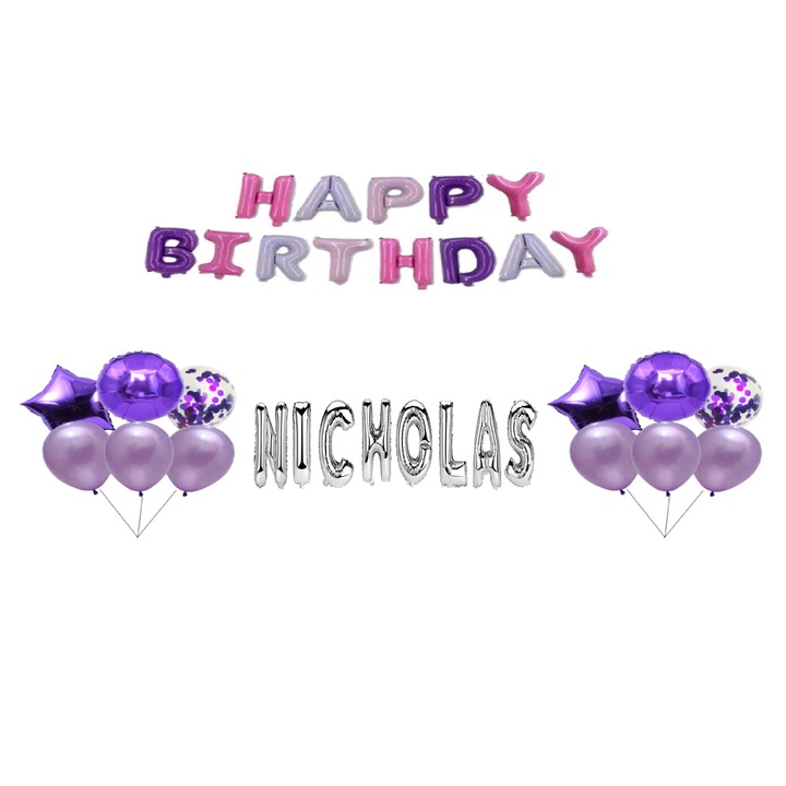 Комплект балони Happy Birthday Nicholas, топер за торта, многоцветен и сребрист, 35 бр.