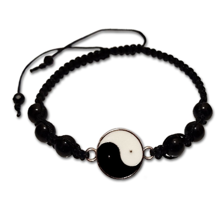 Bratara ArtDeco Yin & Yang din snur negru cu pandantiv metalic si pietre semipretioase de Onix si cristale de Terahertz, reglabila 16-25 cm