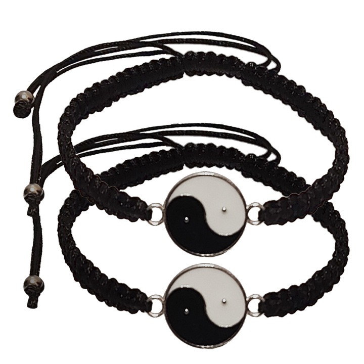 Set 2 Bratari ArtDeco Yin & Yang din snur negru cu pandantive metalice glazurate cu vopsea ceramica, reglabile 16 - 25 cm