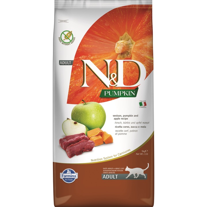 Hrana uscata pisici adulte, FARMINA N&D Pumpkin Cat Adult, cu vanat si mere 5 kg