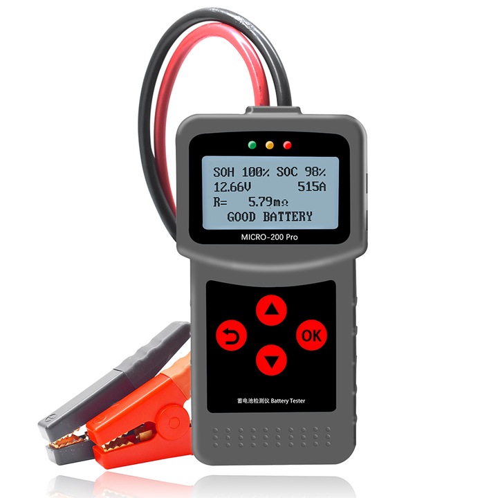 Tester acumulator auto/moto, Micro-200 Pro, 12 Tensiuni, Digital, Gri/Rosu