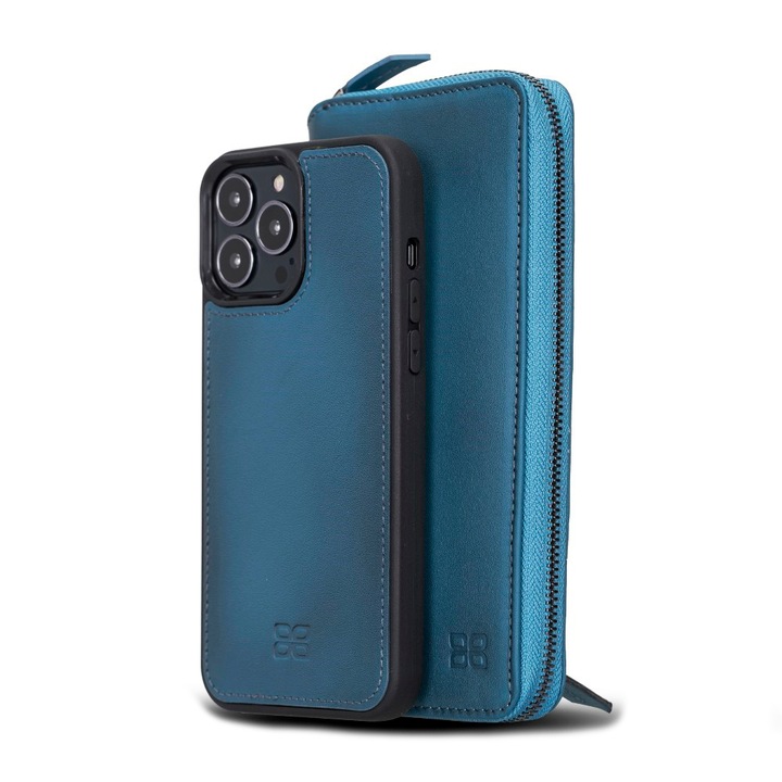iPhone 13 Pro Tok, pénztárca, levehető hátlappal, Magsafe-vel, 2 az 1-ben, természetes bőr, Bouletta Pouch Magic Wallet, Burnished blue, Kék