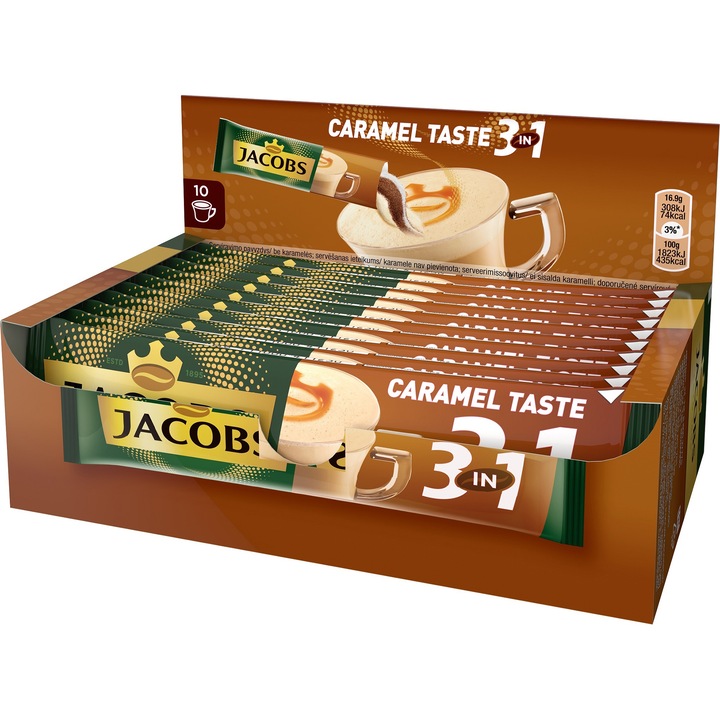 Cafea instant Jacobs 3 in 1, Caramel, 16.8 g x 10 plicuri