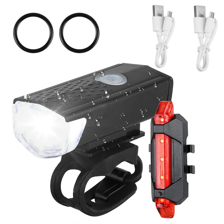 Комплект LED светлини за велосипеди, 300 лумена, IP65 водо- и прахоустойчиви, 3 режима на светене, Презареждащи се през USB, Бял/червен