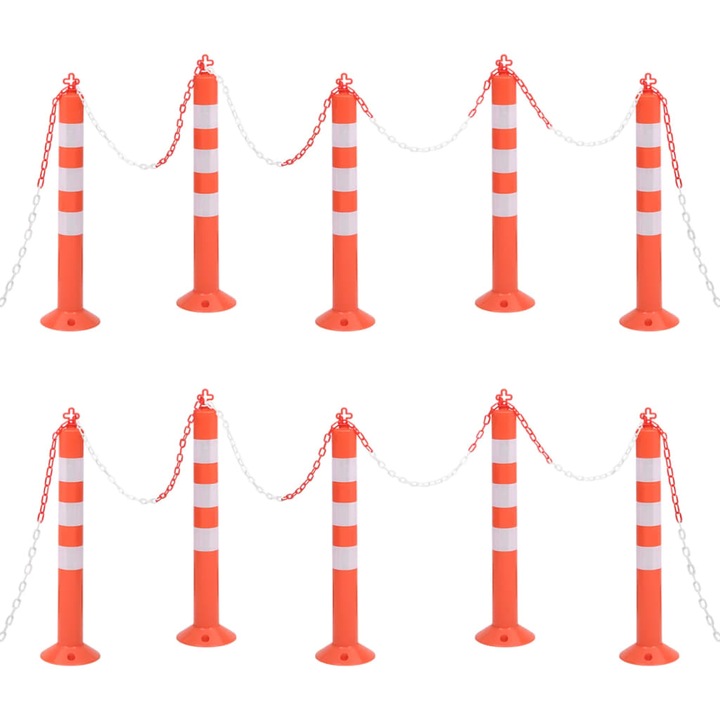 vidaXL forgalomirányító oszlop, 10 db oszlop lánccal, piros, ezüst