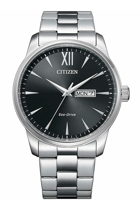 Citizen, Ceas de otel inoxidabil cu logo Eco-Drive, Argintiu, Negru